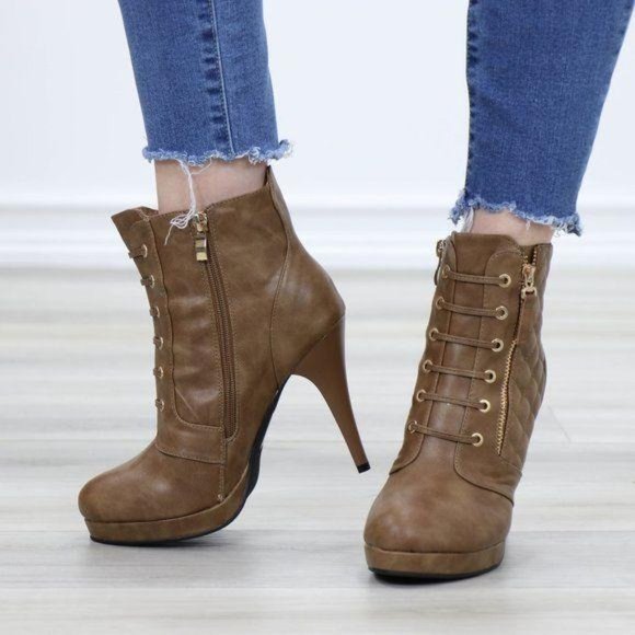 Khaki Platform High Heel Boots Light Fur inside - Picture 5 of 12